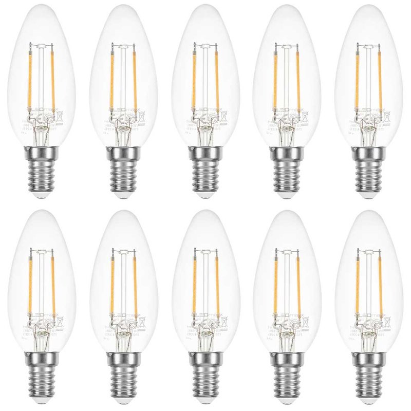 10 x LED Filament Kerze 2W 25W E14 klar extra warmweiß 2200K