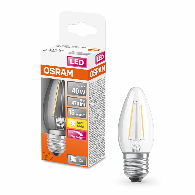 Osram LED Filament Leuchtmittel Kerze 4 8W 40W E27 Klar 470lm Warmw