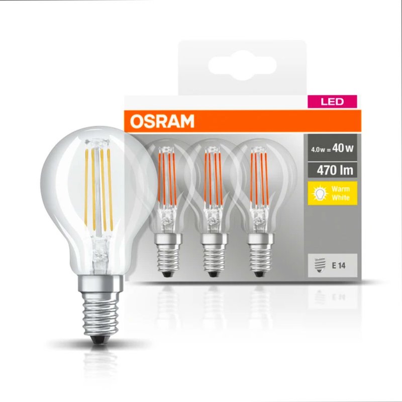 3 x Osram LED Filament Leuchtmittel Tropfen 4W = 40W E14 klar warmwei