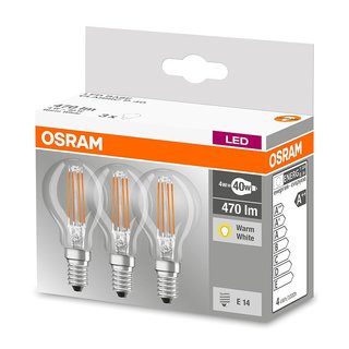 3 x Osram Filament LED 4W Tropfen klar Leuchtmittel warmwei E14 = 40W