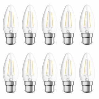 10 x Osram LED Filament Kerze 2,5W = 25W B22d klar 250lm FS warmweiß 2700K