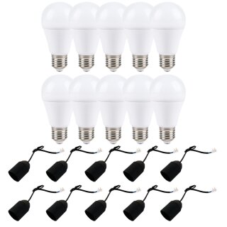 10 x LED Leuchtmittel Birne 11,5W = 75W E27 1070lm Tageslicht 6000K 10 x Baufassung Lampenfassung schwarz