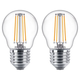 2 x Philips LED Filament Leuchtmittel Tropfen P45 4,3W = 40W E27 klar 470lm warmweiß 2700K