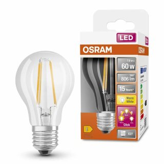 Osram LED Filament A60 Birne 6,5W = 60W E27 klar 806lm warmweiß 2700K 3-Stufen-Dimmbar