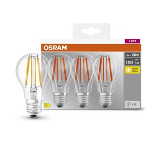 3 x Osram LED Filament A60 Birnen 11W = 100W E27 klar 1521lm Warmweiß 2700K