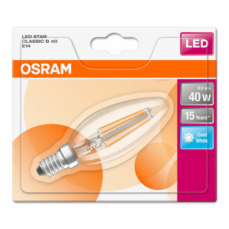 Osram LED Filament Leuchtmittel Kerze 4W 40W E14 Klar BLI 470lm 840