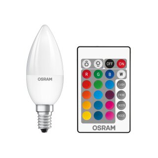 Osram LED Leuchtmittel Kerze 4,5W = 25W E14 RGBW bunt & warmweiß FS dimmbar Fernbedienung