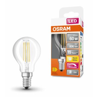 Osram LED Filament Leuchtmittel Tropfen 6,5W = 60W E14 klar 806lm FS warmweiß 2700K DIMMBAR