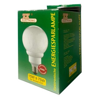 TS Electronic Energiesparlampe Globe G90 15W = 75W E27 matt 500lm warmweiß 2700K