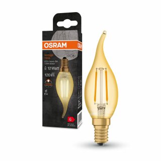 Osram LED Filament Leuchtmittel Windstoßkerze Vintage 1906 1,5W = 12W E14 Gold 120lm extra warmweiß 2400K