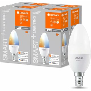 4 x Ledvance LED Smart+ Leuchtmittel Kerze 4,9W = 40W E14 matt 470lm Tunable White 2700K-6500K Dimmbar App Google Alexa WiFi